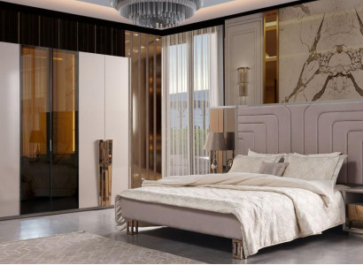 Suite Double bed Bed Beige Wood Luxury Modern Bedroom Set 3pcs
